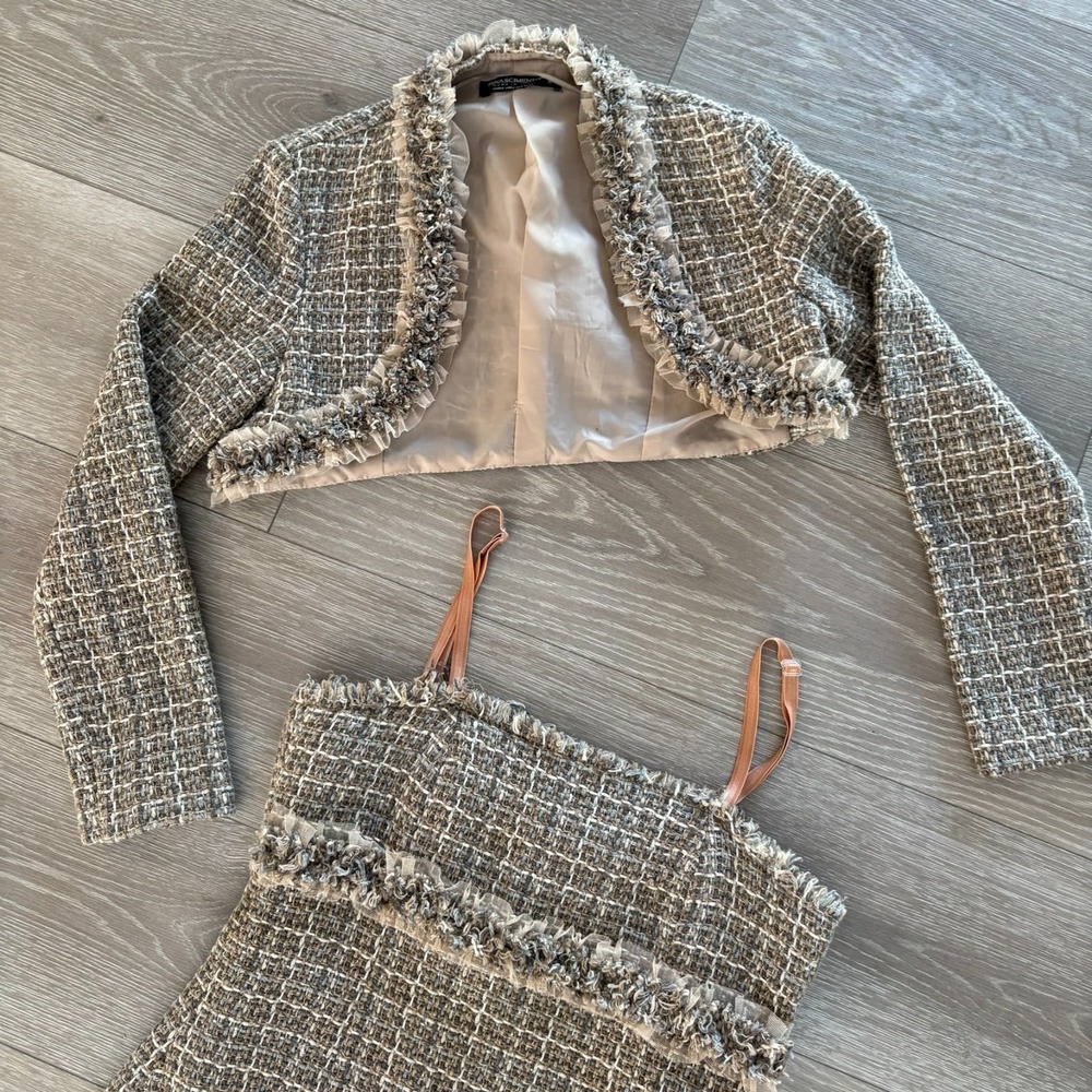 Rinascimento Womens Beige Plaid Made In Italy 2 Piece Tweed Dress & Jacket Set S - Picture 7 of 16